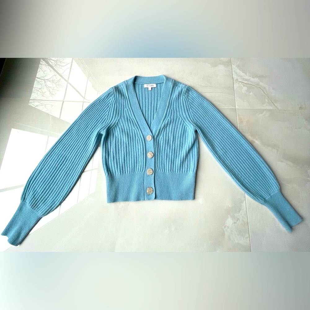 INTERMIX blue wool cardigan with bling crystal buttons sz S